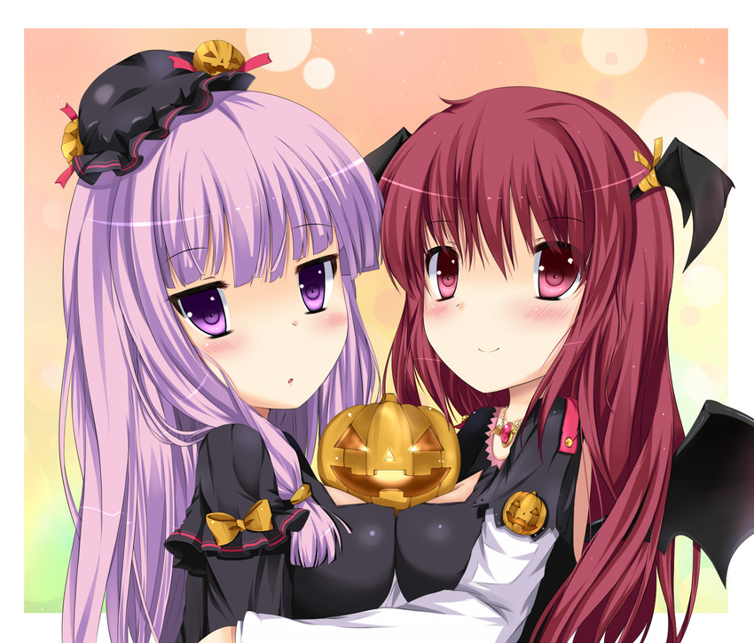 alternate_costume bat_wings black_dress blush breast_press breasts capelet dress fujieda_uzuki halloween head_wings highres jack-o'-lantern jewelry koakuma long_hair medium_breasts multiple_girls necklace open_mouth patchouli_knowledge pumpkin pumpkin_hat purple_eyes purple_hair red_eyes red_hair smile symmetrical_docking touhou wings