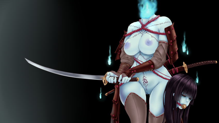 armor ball_gag blood bloody_tears breasts disembodied_head dullahan gag hitodama katana large_breasts nipples pale_skin pussy red_eyes sword tattoo thighhighs undead weapon