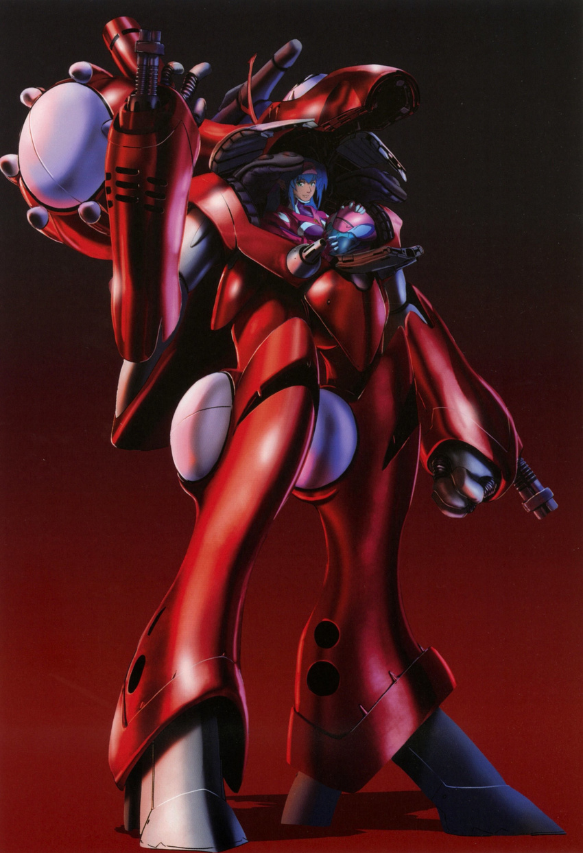 absurdres alien bandana blue_hair bodysuit cannon cockpit giantess green_eyes helmet highres klan_klein macross macross_frontier mecha meltrandi non-web_source official_art power_armor production_art queadluun-rea s.m.s. scan science_fiction tenjin_hidetaka zentradi