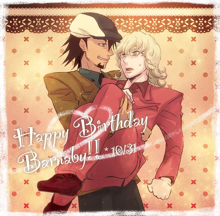 bad_id bad_pixiv_id barnaby_brooks_jr birthday blonde_hair brown_eyes brown_hair cabbie_hat carrying character_name glasses green_eyes hat highres kaburagi_t_kotetsu male_focus multiple_boys necktie nsk princess_carry role_reversal surprised tiger_&amp;_bunny
