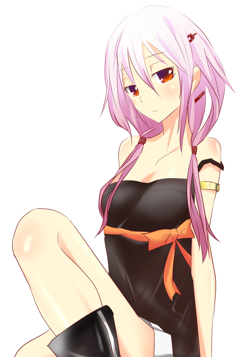 absurdres armlet bare_shoulders boots guilty_crown hair_ornament hairclip highres kikyou_(kiss-shot) long_hair looking_at_viewer pink_hair red_eyes ribbon skirt solo twintails yuzuriha_inori