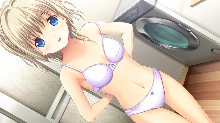 1girl blonde_hair blue_eyes bra clear_blue_communications game_cg hatsukoi_sacrament hikari_(hatsukoi_sacrament) indoors lingerie navel panties purple_bra purple_panties purple_software short_hair solo underwear underwear_only undressing