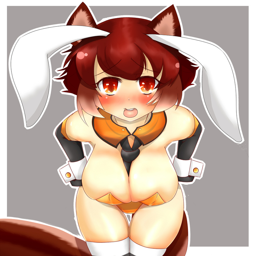 animal_ears arc_system_works blazblue blazblue:_continuum_shift breasts brown_eyes brown_hair bunny cleavage cufflinks formal highres makoto_nanaya necktie open_mouth suit tail