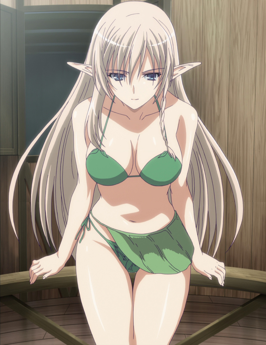1girl absurdres alleyne alleyne_(queen's_blade) bare_shoulders bikini blonde_hair blue_eyes breasts collarbone elf female green_bikini highres large_breasts long_hair navel pointy_ears queen's_blade queen's_blade sarong screencap side-tie_bikini sitting solo stitched swimsuit thigh_gap thighs