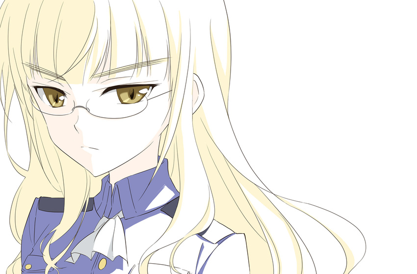 agahari ascot blonde_hair eyebrows face frown glasses highres long_hair military military_uniform perrine_h_clostermann portrait rimless_eyewear simple_background solo strike_witches uniform world_witches_series yellow_eyes