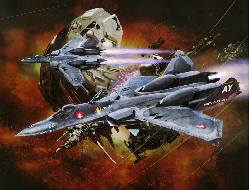 city city_7 cockpit fleet helmet highres macross macross_7 macross_vf-x2 mecha no_humans non-web_source official_art pilot_suit scan science_fiction space space_craft starfighter tenjin_hidetaka u.n._spacy variable_fighter vf-22