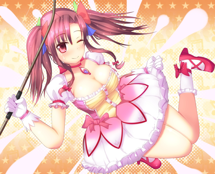 95-tan bobby_socks bow bow_(weapon) breasts brooch choker cleavage cosplay dress gloves hair_bow jewelry kaname_madoka kaname_madoka_(cosplay) large_breasts mahou_shoujo_madoka_magica one_eye_closed os-tan red_eyes red_hair short_hair short_twintails sidelocks socks solo star toki_(tokinokogiri) twintails weapon white_gloves