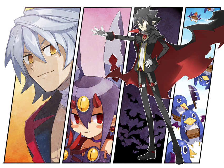 2boys bat black_hair blush_stickers cape choker creature desco_(disgaea) disgaea earrings fang fenrich_(disgaea) formal full_body gloves hand_on_hip horns jewelry kinu_(le) knife makai_senki_disgaea_4 multiple_boys pants pointy_ears prinny purple_hair red_eyes shoes short_hair smile suit valvatorez_(disgaea) vampire white_gloves white_hair yellow_eyes