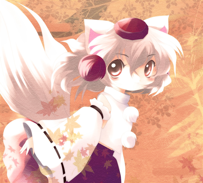 animal_ears detached_sleeves hat highres inubashiri_momiji red_eyes short_hair skirt solo tail tokin_hat touhou white_hair wolf_ears wolf_tail yume_shokunin