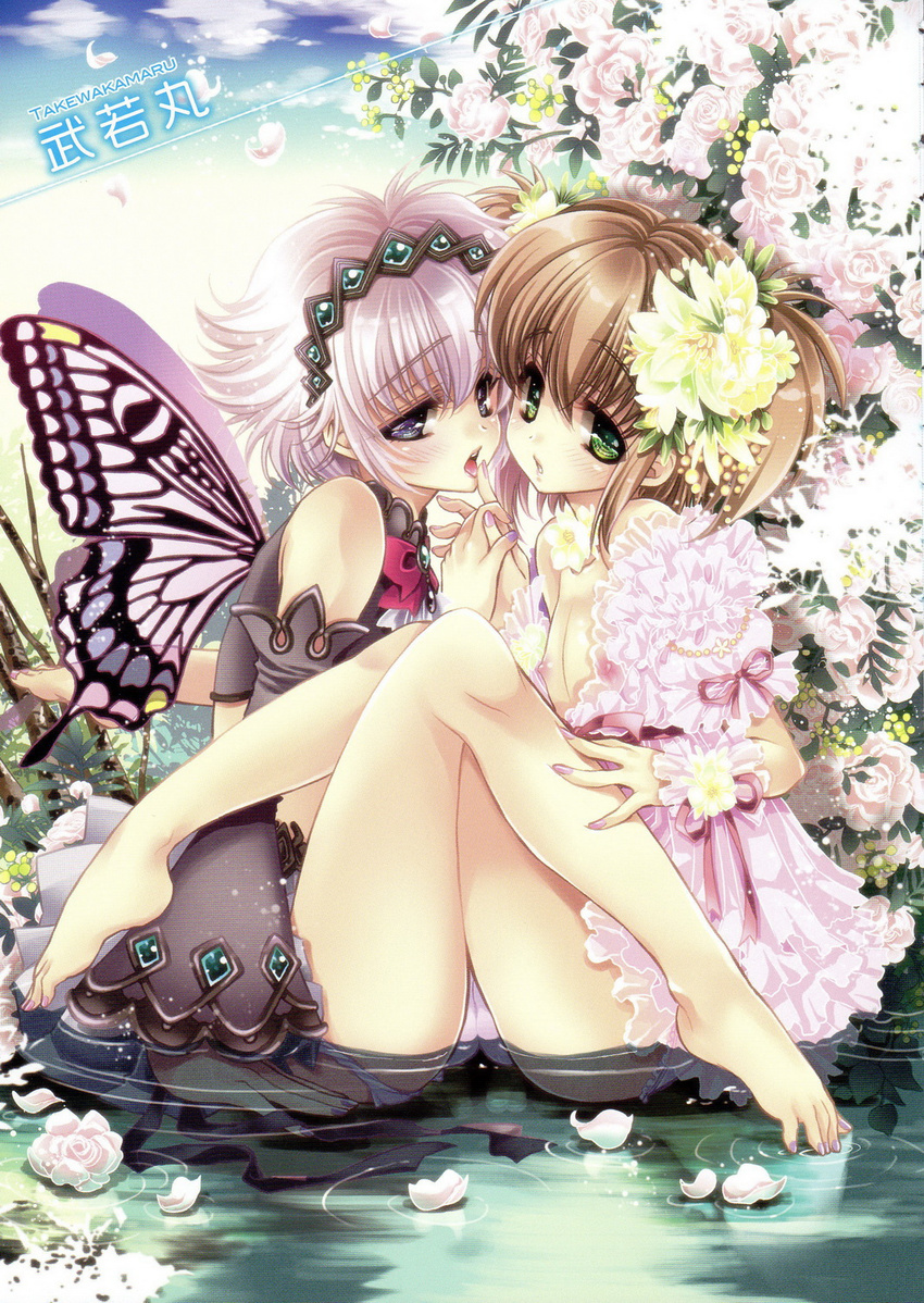 barefoot butterfly_wings flower highres licking male_focus multiple_boys nail_polish oto_nyan otoko_no_ko scan takewakamaru toenail_polish wings yaoi