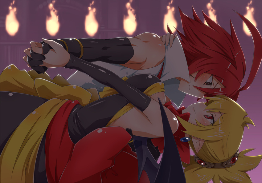 1girl adell_(disgaea) bat_wings black_gloves blonde_hair bow breasts brown_eyes couple dancing disgaea dress eye_contact fire flame from_side gloves hair_up hetero holding_hands large_breasts leaning_back leaning_forward looking_at_another makai_senki_disgaea_2 muscle pointy_ears profile red_eyes red_hair ribbon rozalin short_hair smile strapless strapless_dress wings yellow_bow yuto_(dialique)