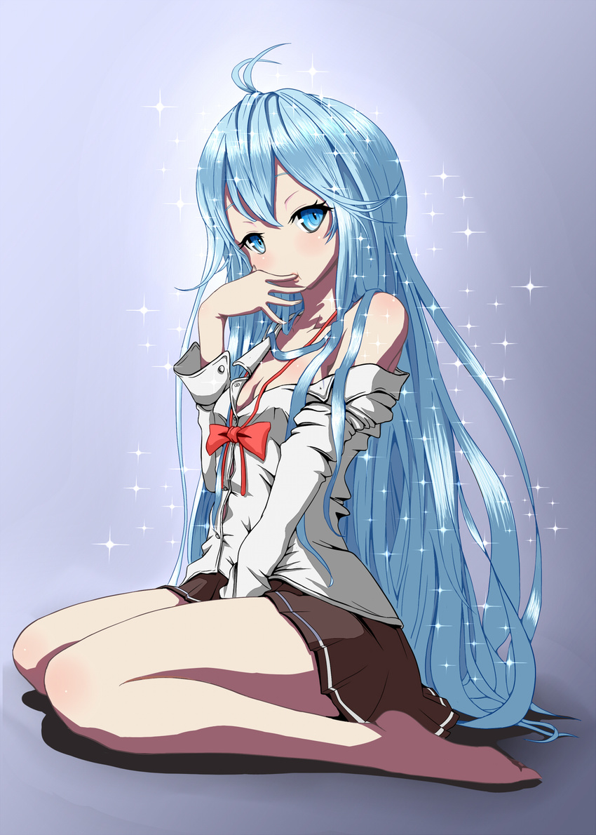 ahoge antenna_hair bare_legs barefoot blue_eyes blue_hair blush breasts cleavage denpa_onna_to_seishun_otoko finger_to_mouth girigiri highres long_hair medium_breasts off_shoulder school_uniform sitting skirt solo sparkle touwa_erio unkempt very_long_hair wariza