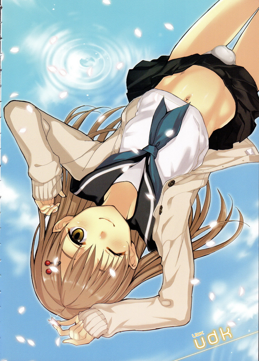 brown_eyes brown_hair bulge crossdressing highres long_hair male_focus one_eye_closed oto_nyan otoko_no_ko petals ripples saikawa_yusa scan school_uniform smile solo