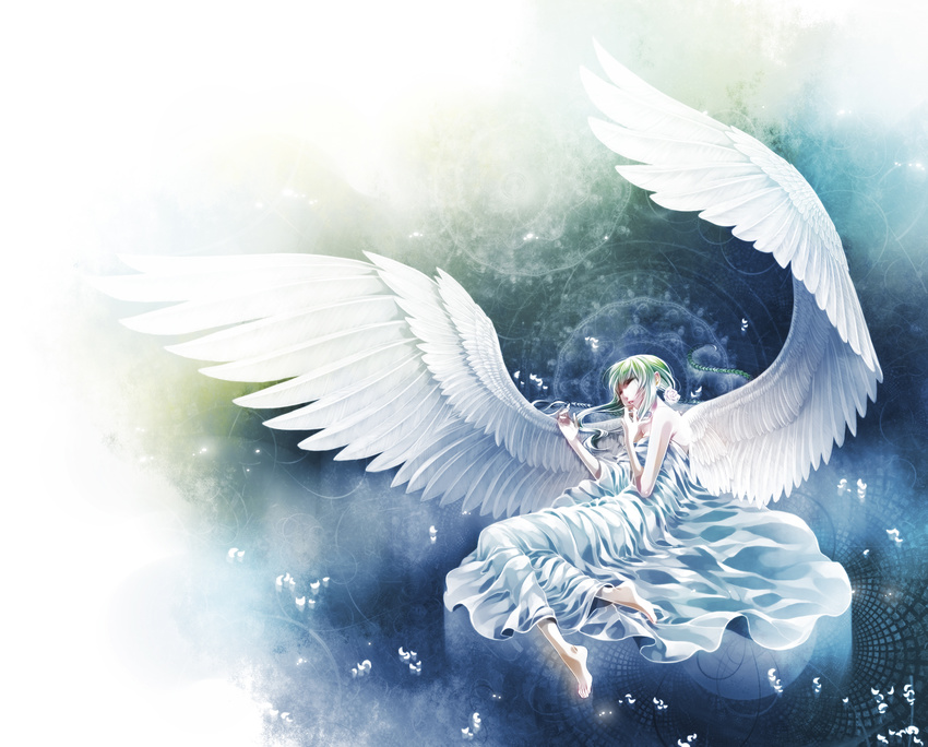 akezu angel angel_wings bad_id bad_pixiv_id bare_shoulders barefoot bowed_wings braid closed_eyes copyright_request flower green_hair hair_flower hair_ornament highres large_wings long_hair naked_sheet sleeping solo twin_braids wings