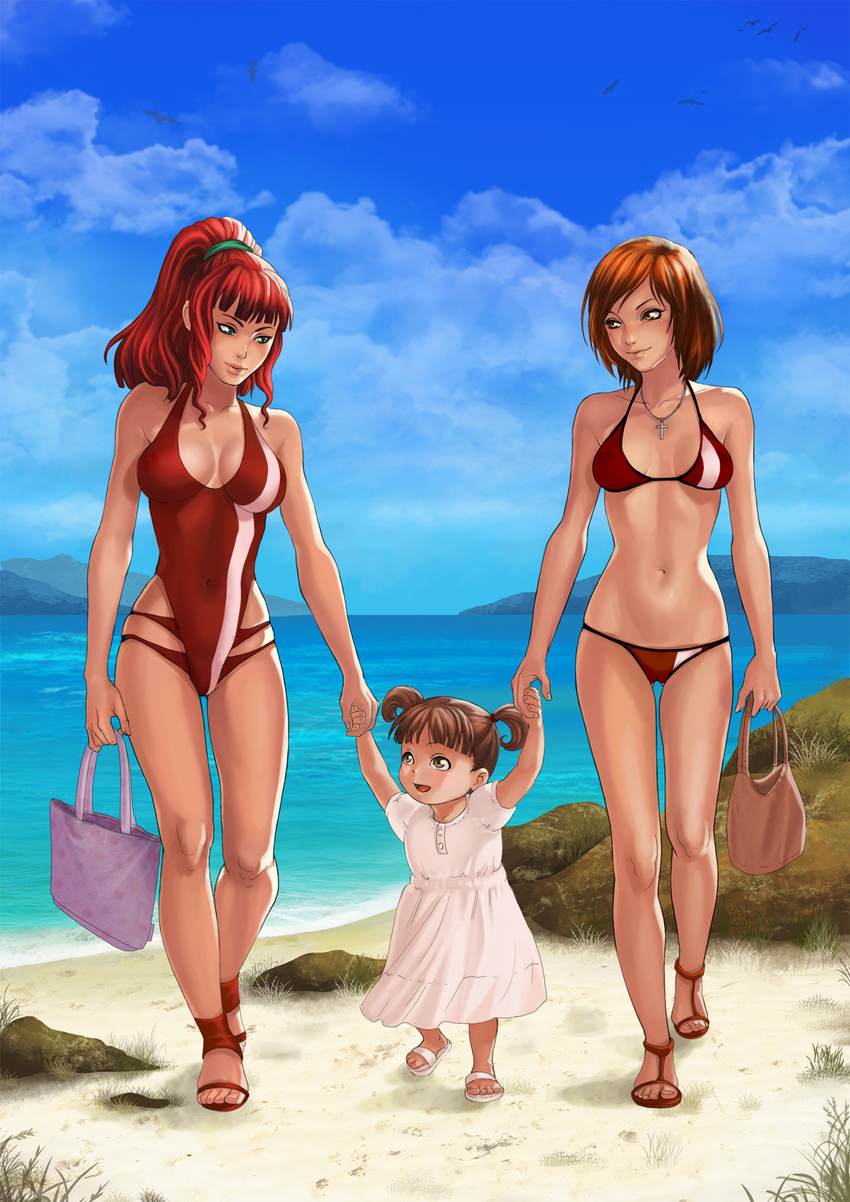 beach bikini bloocarrot breasts child cleavage covered_navel cross family good_end highres holding_hands if_they_mated ips_cells jewelry jung_freud medium_breasts midriff mother_and_daughter multiple_girls navel necklace one-piece_swimsuit sandals skindentation skinny swimsuit takaya_noriko top_wo_nerae! yuri