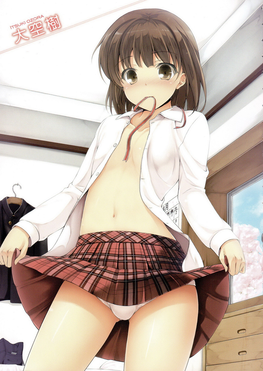 brown_eyes brown_hair bulge cherry_blossoms highres male_focus mouth_hold navel oozora_itsuki oto_nyan otoko_no_ko plaid plaid_skirt ribbon ribbon_in_mouth scan school_uniform skirt solo undressing