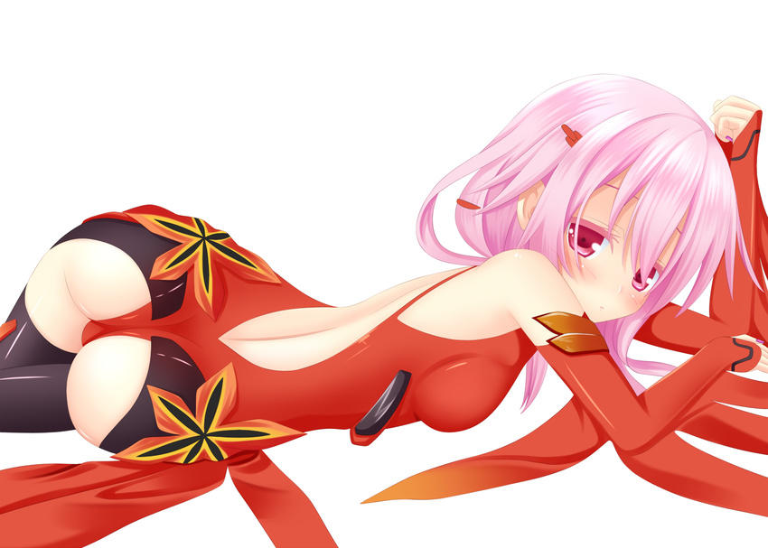 ass backless_outfit bare_shoulders blush detached_sleeves guilty_crown leotard long_hair looking_back lying on_side pink_eyes pink_hair red_leotard thighhighs twintails yoye_(pastel_white) yuzuriha_inori