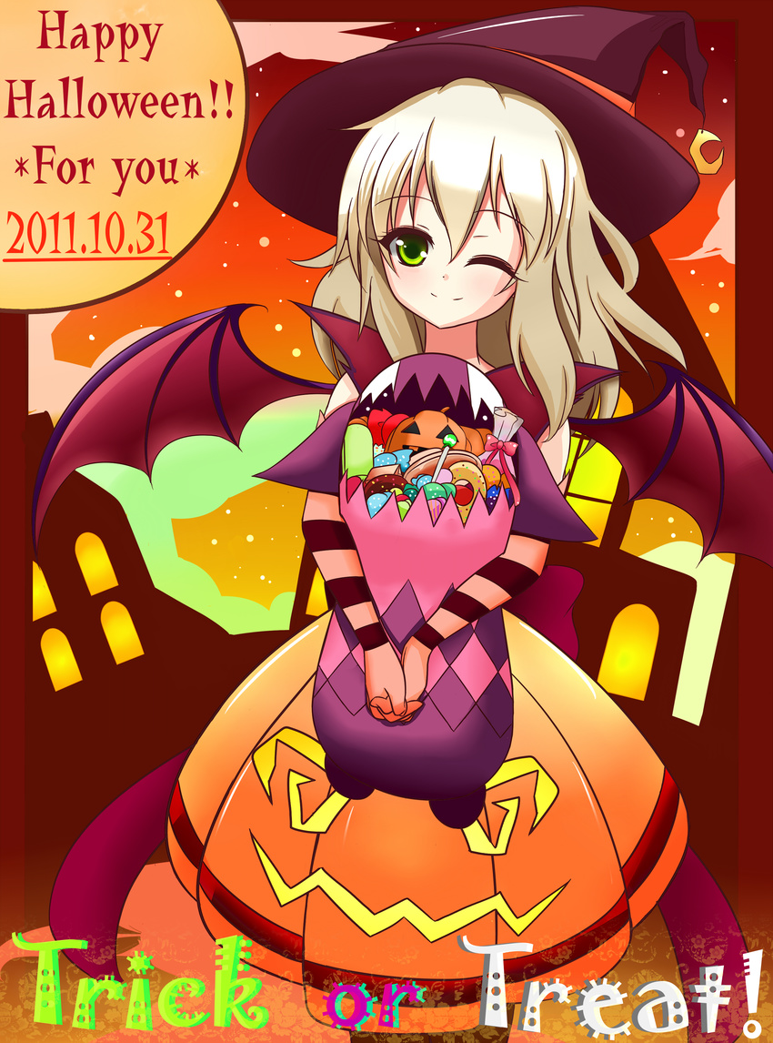 absurdres alternate_costume bad_id bad_pixiv_id blonde_hair candy creature dress elize_lutus food green_eyes halloween happy_halloween hat highres jack-o'-lantern long_hair one_eye_closed orange_dress pumpkin tales_of_(series) tales_of_xillia teepo_(tales) trick_or_treat wings witch witch_hat zelf