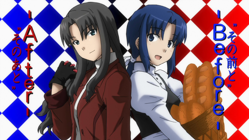 alternate_hairstyle argyle argyle_background back-to-back baguette basket bread carnival_phantasm ciel crossover elesia fate/stay_night fate_(series) food gloves green_eyes highres long_hair multiple_girls non-web_source older ponytail sidelocks teenage toosaka_rin tsukihime type-moon younger