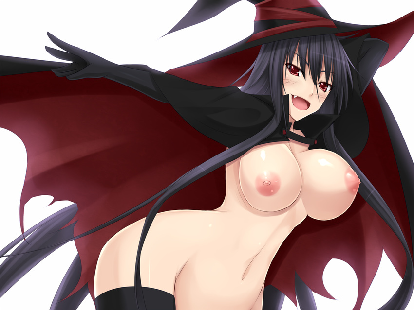 black_hair bouncing_breasts breasts cape curvy fang gloves hat kurochijo long_hair navel nipples nude open_mouth red_eyes shuugetsu_karasu solo source_request witch_hat