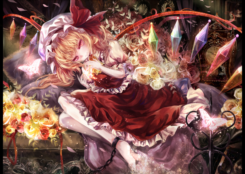 barefoot blonde_hair bonnet bug butterfly cuffs flandre_scarlet flower frills hair_ornament hat insect long_hair lying on_side pillarboxed pink_eyes rose shackles side_ponytail skirt solo torino_akua touhou wings