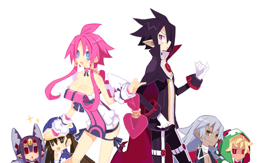 16_ban 3boys 3girls black_hair blonde_hair blue_eyes braid breasts brown_eyes brown_hair cape cleavage dark_skin desco_(disgaea) disgaea emizel_(disgaea) fenrich_(disgaea) gloves grey_hair hair_tubes hat hood horns kazamatsuri_fuuka large_breasts long_hair makai_senki_disgaea_4 multiple_boys multiple_girls official_style pants pink_hair pinky_out purple_hair red_eyes shirt short_hair sidelocks smile sweat tabard valvatorez_(disgaea) vampire vulcanus_(disgaea_4) white_gloves wrist_cuffs