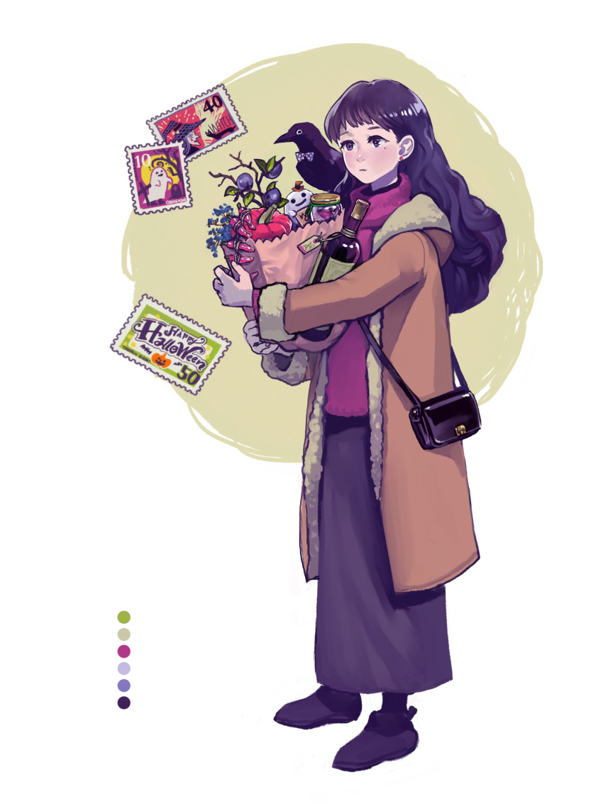 1girl absurdres bag bird black_eyes black_hair black_handbag bottle brown_coat coat crow earrings full_body grocery_bag halloween handbag happy_halloween highres idarintarou jewelry long_hair long_skirt mole mole_under_eye original pepper plum postage_stamp purple_footwear purple_skirt red_scarf scarf shopping_bag simple_background skirt solo standing stud_earrings wine_bottle