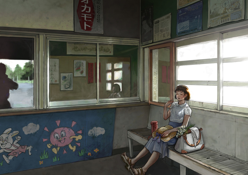 1girl bag bench blue_skirt bouquet brown_hair eyes_closed fanning_face flower handbag hat hat_removed headwear_removed idarintarou indoors original reflection sandals scenery shirt short_sleeves sitting skirt striped striped_shirt summer thermos train_station white_handbag window