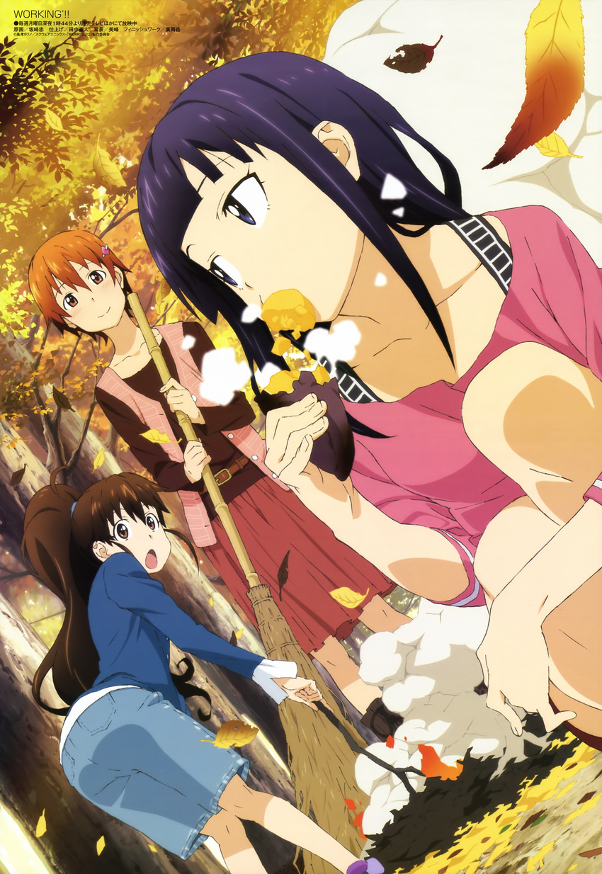 :o absurdres ahoge autumn bangs belt blue_eyes blunt_bangs blush boots broom brown_eyes brown_hair burning buttons casual denim denim_shorts dutch_angle eating fire food food_in_mouth food_request hair_between_eyes hair_ornament hairclip high_ponytail highres holding inami_mahiru knee_boots kneepits leaf leaning_forward leg_hug light_smile long_hair long_sleeves looking_at_viewer looking_back looking_to_the_side megami mouth_hold multiple_girls nature non-web_source official_art open_clothes open_mouth open_vest orange_eyes orange_hair outdoors ponytail purple_hair sakazaki_tadashi scrunchie short_hair shorts sidelocks skirt smile smoke squatting standing steam stick surprised taneshima_popura tree unbuttoned very_long_hair vest wide-eyed working!! yamada_aoi