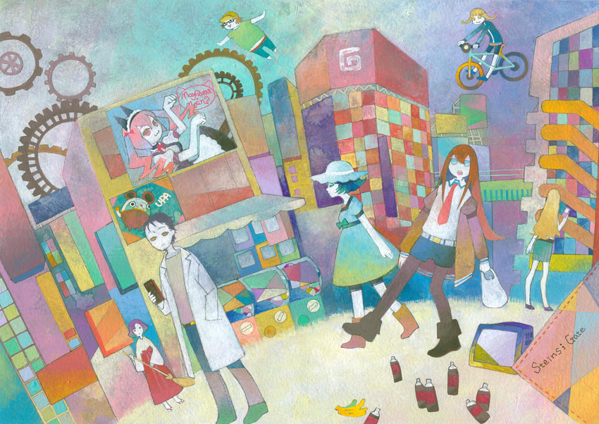 5girls acrylic_paint_(medium) akiha_rumiho amane_suzuha bad_id bad_pixiv_id banana bicycle blue_eyes broom brown_hair cellphone drill_hair food fruit gashapon gears gel_banana ground_vehicle hand_in_pocket hashida_itaru hat kiryuu_moeka kumi_waka_asu labcoat legwear_under_shorts maid_headdress makise_kurisu multiple_boys multiple_girls okabe_rintarou open_mouth pantyhose phone pink_hair profile shiina_mayuri shorts steins;gate traditional_media urushibara_ruka waitress