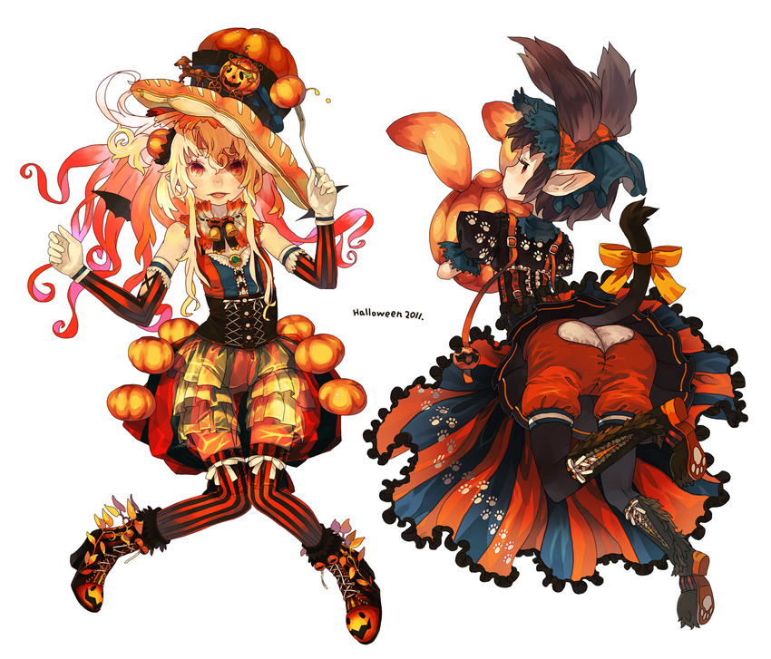 2girls animal_ears bad_id bad_pixiv_id bell black_legwear blonde_hair bow brown_hair corset detached_sleeves detached_wings dress food_themed_hair_ornament from_behind gradient_hair hair_ornament halloween highres knees_touching leg_up looking_back mano_(narumi_arata) multicolored_hair multiple_girls narumi_arata original paw_print pink_hair pointy_ears puffy_pants pumpkin pumpkin_hair_ornament pumpkin_hat recri red_eyes shoes simple_background skirt striped striped_legwear tail tail_bow thighhighs two-tone_hair vertical-striped_legwear vertical_stripes white_background wings