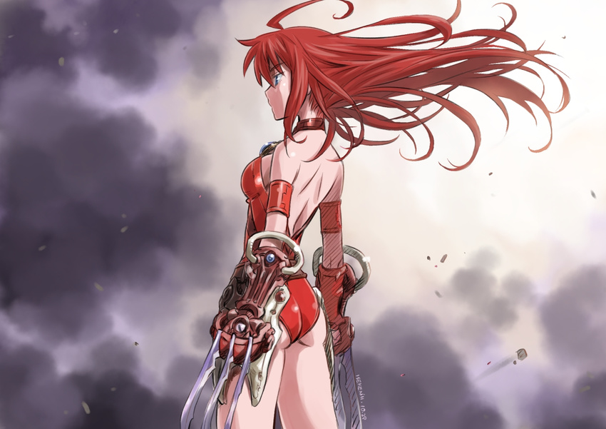 ass back backless_outfit bare_shoulders claw_(weapon) isedaichi_ken leotard long_hair mieu_(phantasy_star) phantasy_star phantasy_star_iii red_hair red_leotard solo weapon wind wind_lift