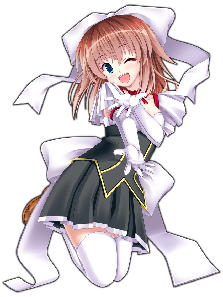 ;d blue_eyes blush bow brown_hair collarbone elbow_gloves gloves hair_bow head_tilt highres looking_at_viewer one_eye_closed open_hands open_mouth original pleated_skirt ribbon roromir simple_background skirt smile solo thighhighs white_background white_gloves white_legwear