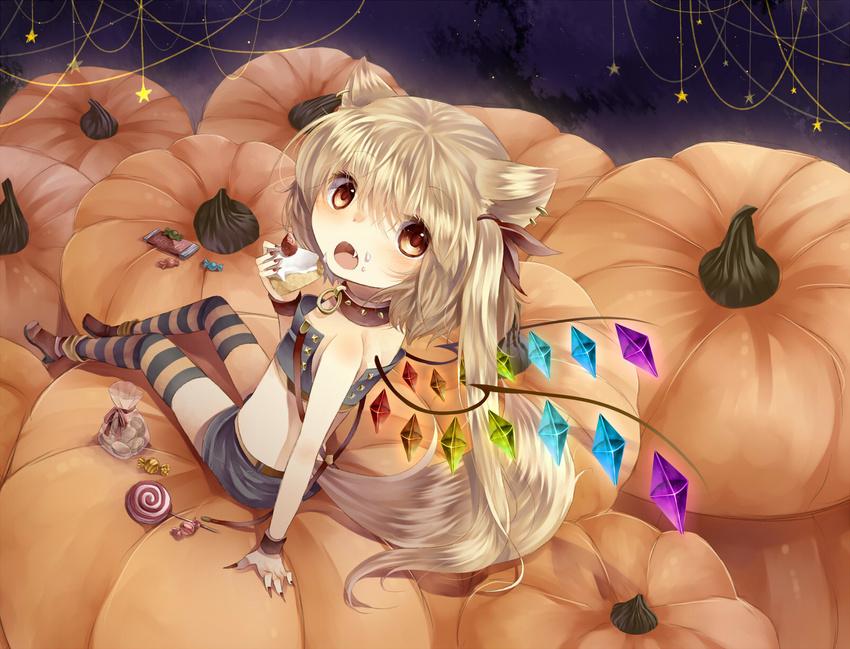 animal_ears arm_support bad_id bad_pixiv_id blonde_hair blush cake candy collar ear_piercing fang flandre_scarlet food food_on_face from_above fruit hair_ribbon halloween highres lollipop looking_up open_mouth piercing pumpkin red_eyes ribbon short_hair shorts side_ponytail sitting solo spiked_collar spikes star strawberry striped striped_legwear sweets swirl_lollipop tail tepes thighhighs touhou wings wrist_cuffs