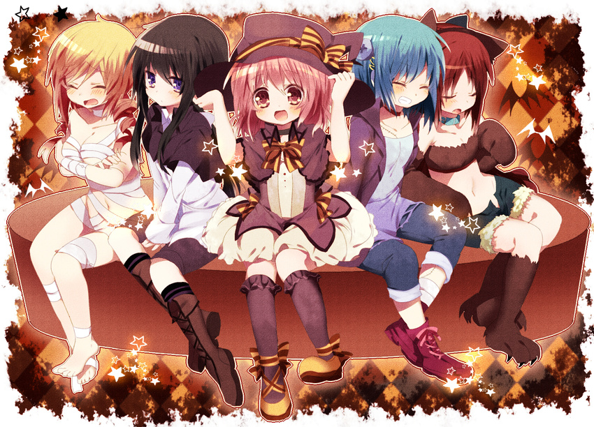 akemi_homura alternate_costume animal_ears bad_id bad_pixiv_id bandages barefoot black_hair black_legwear blonde_hair blue_hair blush boots bow breasts claws closed_eyes covering covering_breasts cross-laced_footwear fur_trim gloves hair_ornament hairclip halloween hat kaname_madoka lace-up_boots mahou_shoujo_madoka_magica medium_breasts miki_sayaka multiple_girls mummy nochita_shin open_mouth paw_gloves paws pink_eyes pink_hair purple_eyes red_hair sakura_kyouko scar screw short_shorts shorts sitting small_breasts tomoe_mami witch_hat wolf_ears