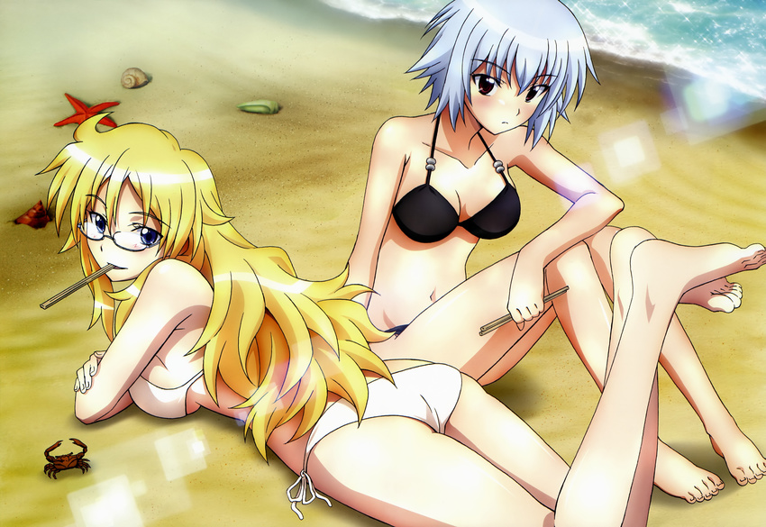 absurdres barefoot beach ben-tou bikini black_bikini blonde_hair breasts chopsticks cleavage crab feet glasses highres legs lens_flare long_hair looking_at_viewer looking_back lying medium_breasts mori_sachiko mouth_hold multiple_girls navel non-web_source nyantype official_art on_stomach seashell shaga_ayame shell short_hair side-tie_bikini silver_hair sitting starfish swimsuit water white_bikini yarizui_sen