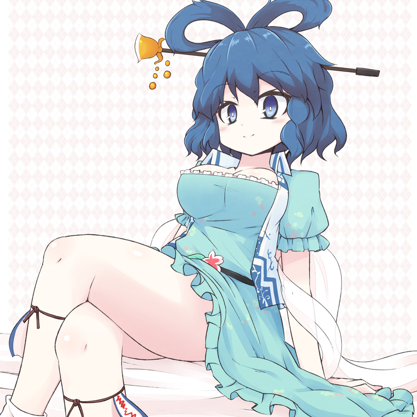 aho arm_support bare_legs blue_eyes blue_hair blush breasts crossed_legs hair_ornament hair_rings hair_stick highres kaku_seiga large_breasts shawl sitting smile solo touhou