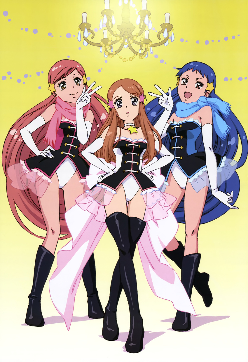 absurdres blue_hair boots brown_hair double-h_(mawaru_penguindrum) elbow_gloves gloves hand_on_hip hands_on_hips highres isora_hibari legs long_hair long_legs mawaru_penguindrum multiple_girls nishigaki_shouko non-web_source nyantype official_art open_mouth pink_hair scan scarf takakura_himari thigh_boots thighhighs utada_hikari v very_long_hair