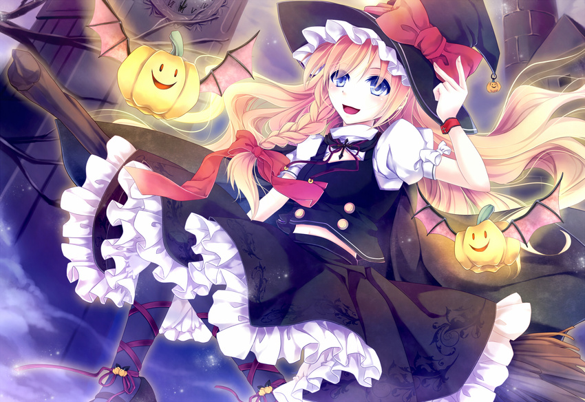 bat_wings blonde_hair blue_eyes braid broom broom_riding clock clock_tower hair_ribbon hat hat_ribbon highres jack-o'-lantern kirisame_marisa leg_ribbon midriff mochizuki_shiina open_mouth pumpkin ribbon shirt sidesaddle skirt smile solo touhou tower wings witch witch_hat wrist_cuffs