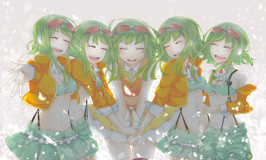 breasts clone goggles goggles_on_head green_hair gumi headphones jacket medium_breasts megpoid_(vocaloid3) midriff multiple_girls multiple_persona navel open_mouth pineapple_(a30930s) short_hair skirt smile suspenders vocaloid