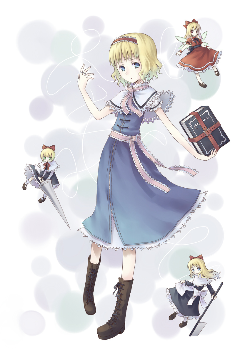 1girl alice_margatroid bad_id bad_pixiv_id blonde_hair blue_eyes bob_cut book boots capelet cross-laced_footwear fairy_wings glaring green_eyes grimoire grimoire_of_alice hairband highres hourai_doll knee_boots lace-up_boots lance lock long_hair polearm puppet_rings puppet_strings red_eyes shanghai_doll short_hair solo touhou weapon wings zipper