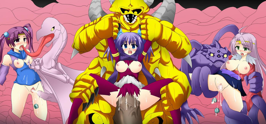 arms_up artist_request blush bottomless breasts censored cum dance_princess_of_the_ice_barrier duel_monster empty_eyes geomancer_of_the_ice_barrier ice_barrier nipples no_bra no_panties open_mouth saliva spellbreaker_of_the_ice_barrier tears tentacle topless torn_clothes worm_dimikles worm_falco worm_king yu-gi-oh!