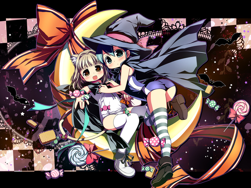 animal_ears ass bat blonde_hair bow brown_eyes candy cape cat_ears crescent crescent_moon food green_eyes green_hair halloween hat hidamari_sketch highres lollipop moon multiple_girls nagayama_yuunon nazuna nori one-piece_swimsuit school_swimsuit short_hair striped striped_legwear sweets swimsuit thighhighs twintails white_school_swimsuit white_swimsuit witch_hat wrapped_candy