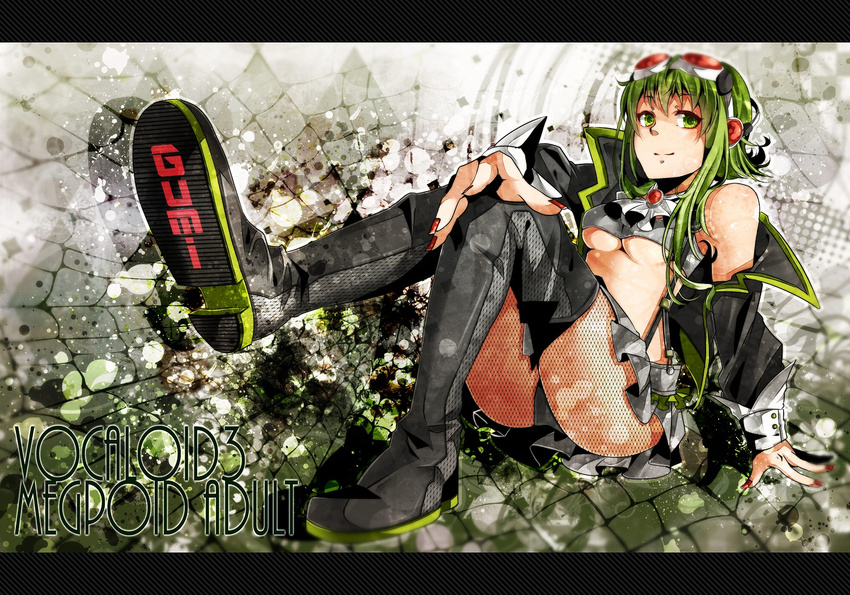 arm_support black_panties boots breasts fishnet_legwear fishnets goggles green_eyes green_hair gumi jacket megpoid_(vocaloid3) nail_polish nou panties sitting skirt small_breasts solo thigh_boots thighhighs underboob underwear vocaloid