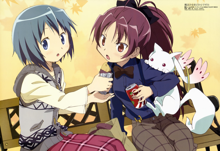 :o absurdres bench blue_eyes blue_hair bow bowtie casual drink food hair_bow highres hood hoodie kyubey long_hair mahou_shoujo_madoka_magica megami miki_sayaka multiple_girls non-web_source official_art plaid red_eyes red_hair sakura_kyouko shiotsuki_kazuya short_hair suspenders sweet_potato