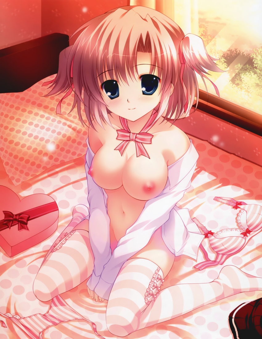 absurdres bare_shoulders blue_eyes blush bra breasts copyright_request dress_shirt highres large_breasts light_smile lingerie mikeou nipples no_bra no_panties off_shoulder open_clothes open_shirt panties pink_hair shirt sitting solo striped striped_bra striped_legwear striped_panties thighhighs underwear wariza