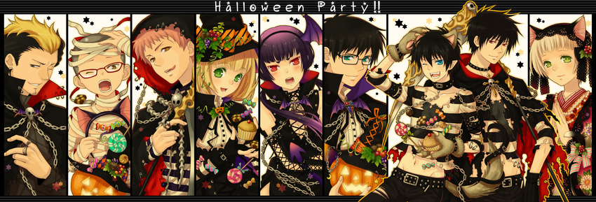 6+boys animal_ears ao_no_exorcist bandages bat_wings black_hair blush brothers candy cat_ears chain checkerboard_cookie cookie creator_connection cross cupcake earrings food glasses gloves green_eyes halloween hat highres hood jack-o'-lantern jewelry kamiki_izumo lollipop long_image midriff miwa_konekomaru miyama-uguisu_monaka miyama-uguisu_tei_jiken moriyama_shiemi multicolored_hair multiple_boys multiple_girls necktie okumura_rin okumura_yukio open_mouth pointy_ears pumpkin purple_hair red_eyes ring safety_pin shima_renzou short_hair siblings skull smile suguro_ryuuji swirl_lollipop two-tone_hair wide_image wings witch_hat yoru yuuno_(yukioka)