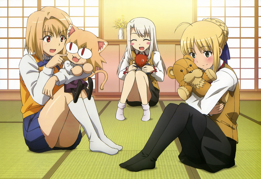 absurdres ahoge animal_ears arcueid_brunestud artoria_pendragon_(all) blonde_hair blush blush_stickers carnival_phantasm character_doll closed_eyes doll emiya_shirou fate/stay_night fate_(series) green_eyes highres homurahara_academy_uniform illyasviel_von_einzbern kametani_kyouko kneehighs legs long_hair multiple_girls nekoarc non-web_source nyantype official_art pantyhose red_eyes saber scan school_uniform short_hair silver_hair smile socks stuffed_animal stuffed_toy tail tsukihime