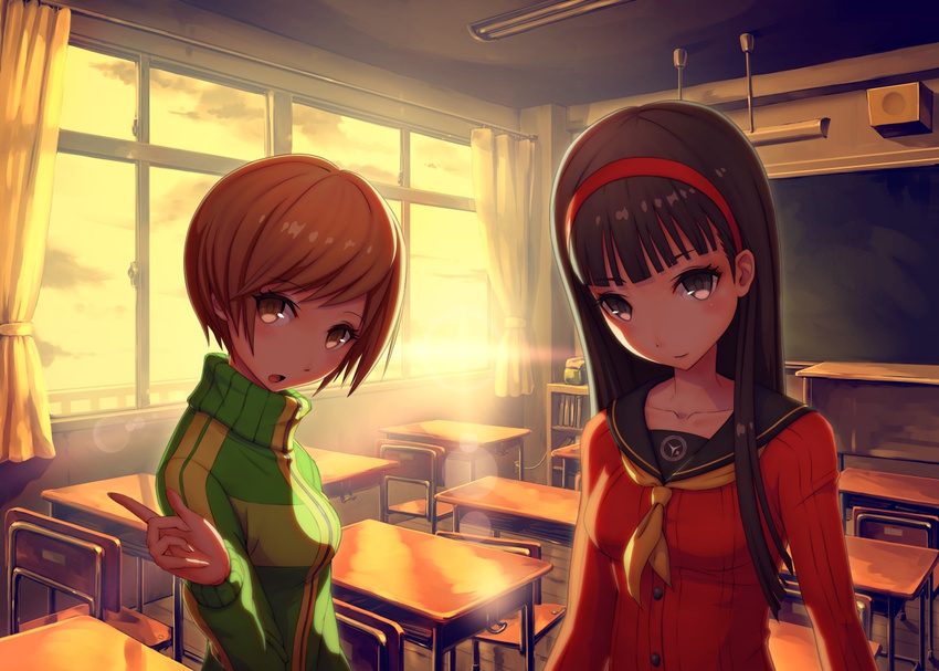 :o amagi_yukiko black_eyes black_hair blush brown_eyes brown_hair classroom desk futsuka_(dzone) hairband jacket long_hair looking_at_viewer multiple_girls persona persona_4 satonaka_chie school_desk school_uniform short_hair sun sunset sweater track_jacket upper_body