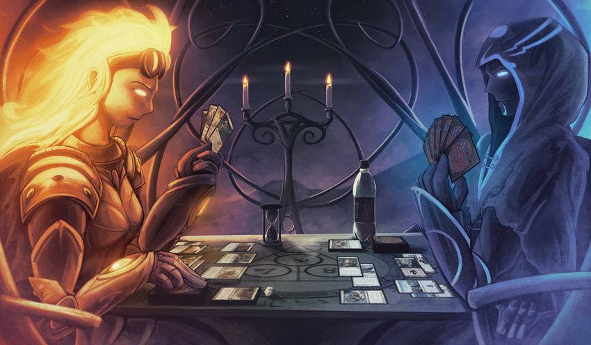 bioluminescence bottle candle candles card card_game chandra chandra_nalaar chromamancer duel female fire flaming_hair glowing glowing_eyes hood hourglass jace_beleren magic_the_gathering male planeswalker